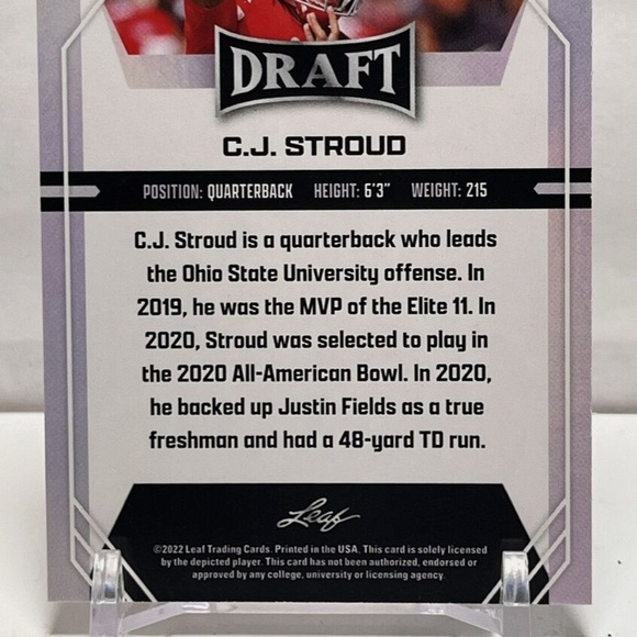 2022 Leaf Draft C.J. Stroud RC Rookie Card Houston Texans Ohio State Buckeyes - Picture 5 of 5